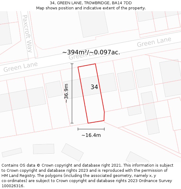 34, GREEN LANE, TROWBRIDGE, BA14 7DD: Plot and title map