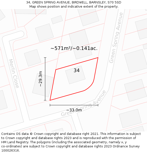 34, GREEN SPRING AVENUE, BIRDWELL, BARNSLEY, S70 5SD: Plot and title map
