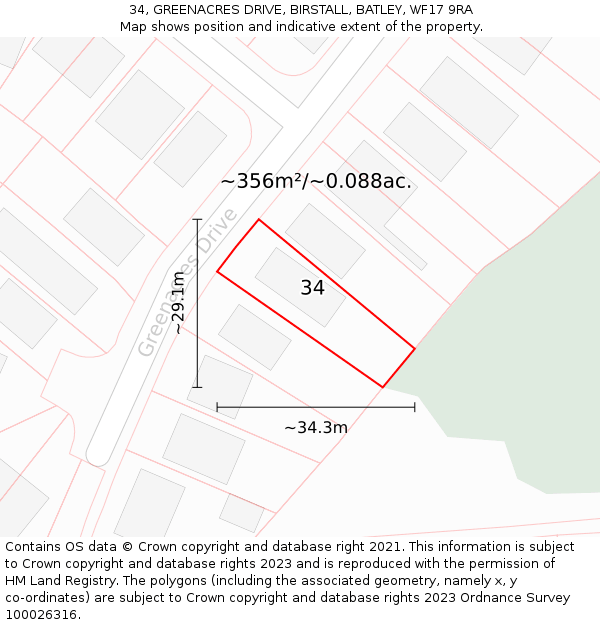 34, GREENACRES DRIVE, BIRSTALL, BATLEY, WF17 9RA: Plot and title map