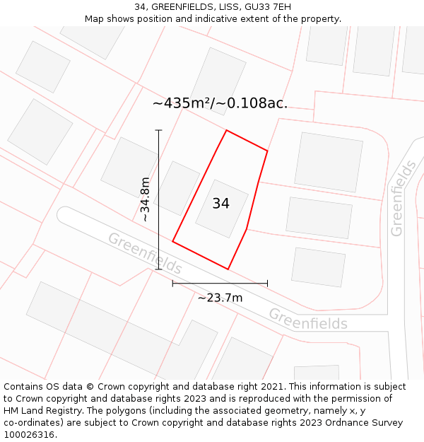 34, GREENFIELDS, LISS, GU33 7EH: Plot and title map