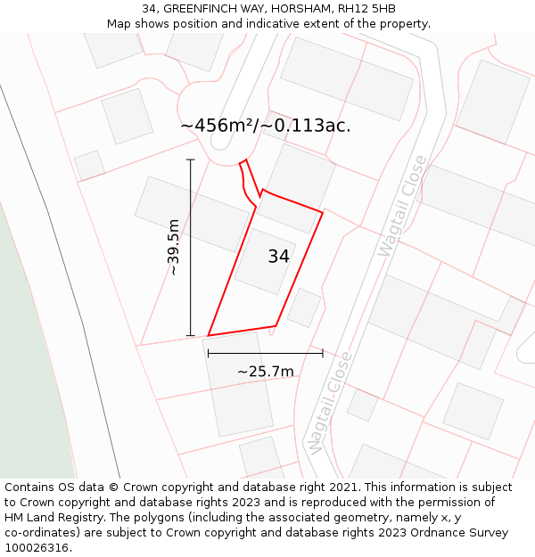 34, GREENFINCH WAY, HORSHAM, RH12 5HB: Plot and title map