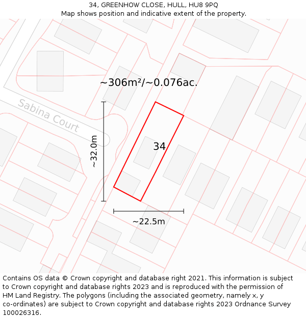 34, GREENHOW CLOSE, HULL, HU8 9PQ: Plot and title map