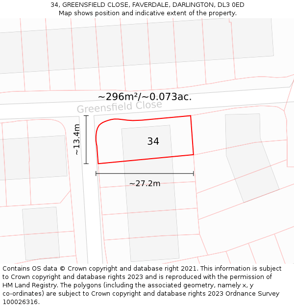 34, GREENSFIELD CLOSE, FAVERDALE, DARLINGTON, DL3 0ED: Plot and title map