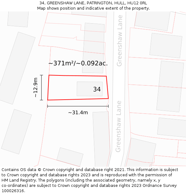 34, GREENSHAW LANE, PATRINGTON, HULL, HU12 0RL: Plot and title map