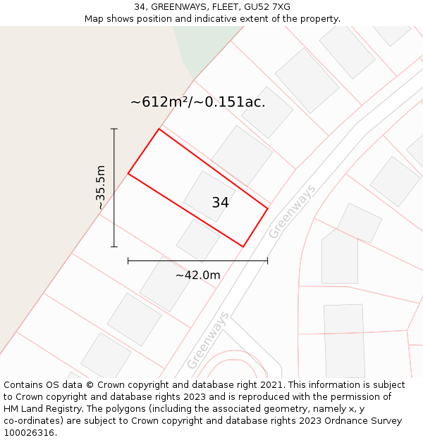 34, GREENWAYS, FLEET, GU52 7XG: Plot and title map