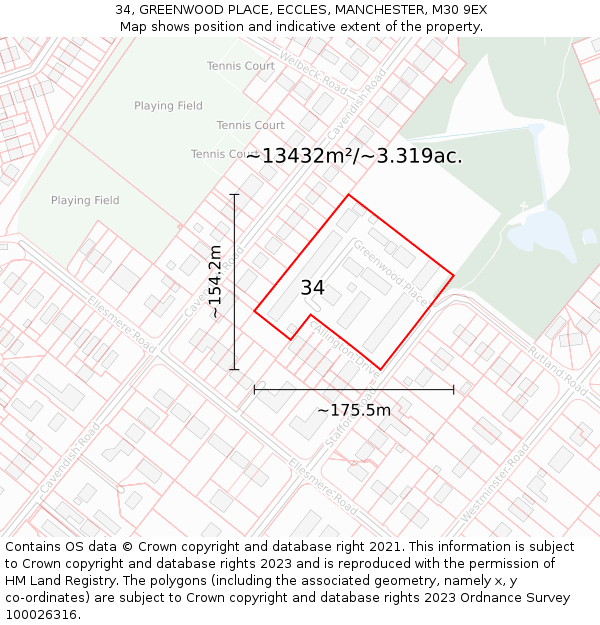 34, GREENWOOD PLACE, ECCLES, MANCHESTER, M30 9EX: Plot and title map
