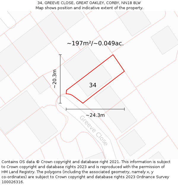 34, GREEVE CLOSE, GREAT OAKLEY, CORBY, NN18 8LW: Plot and title map