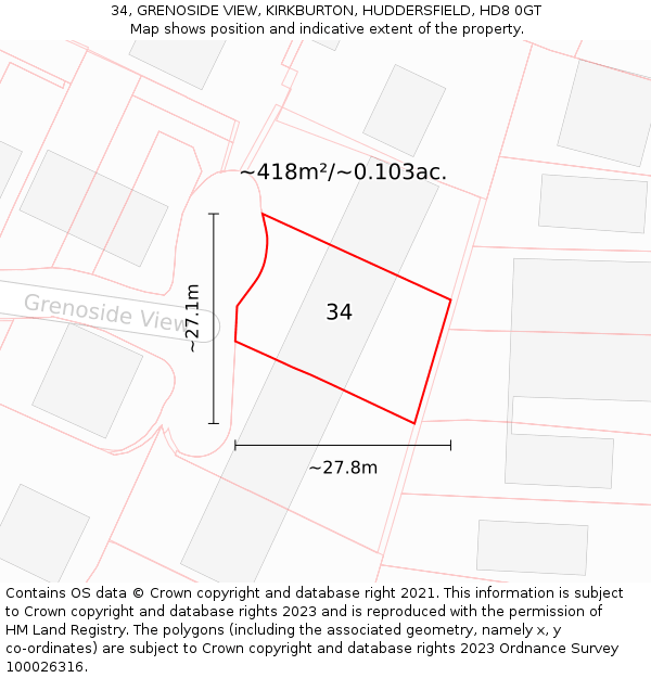 34, GRENOSIDE VIEW, KIRKBURTON, HUDDERSFIELD, HD8 0GT: Plot and title map