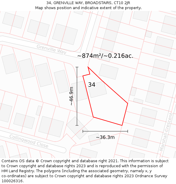 34, GRENVILLE WAY, BROADSTAIRS, CT10 2JR: Plot and title map
