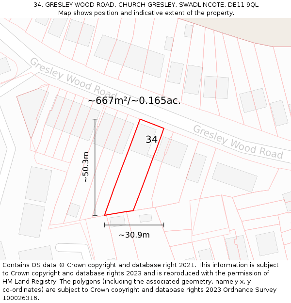 34, GRESLEY WOOD ROAD, CHURCH GRESLEY, SWADLINCOTE, DE11 9QL: Plot and title map