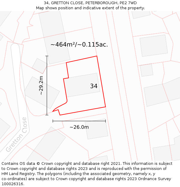 34, GRETTON CLOSE, PETERBOROUGH, PE2 7WD: Plot and title map