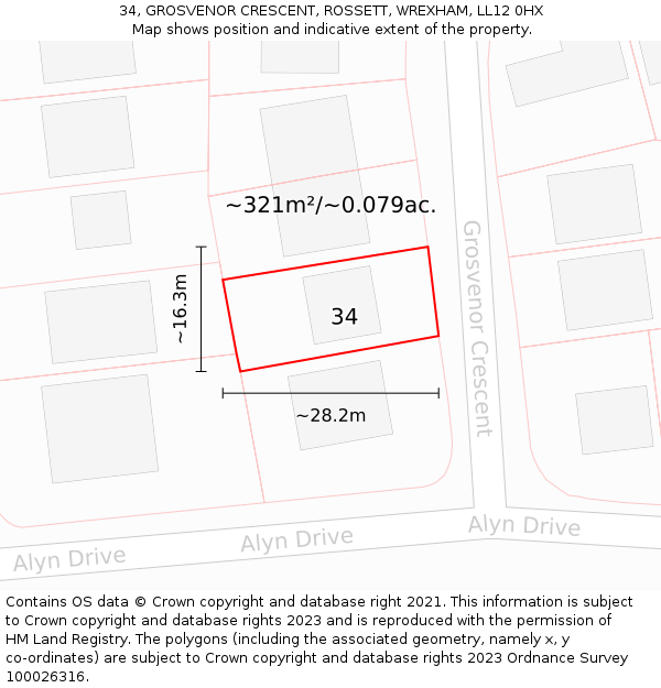 34, GROSVENOR CRESCENT, ROSSETT, WREXHAM, LL12 0HX: Plot and title map