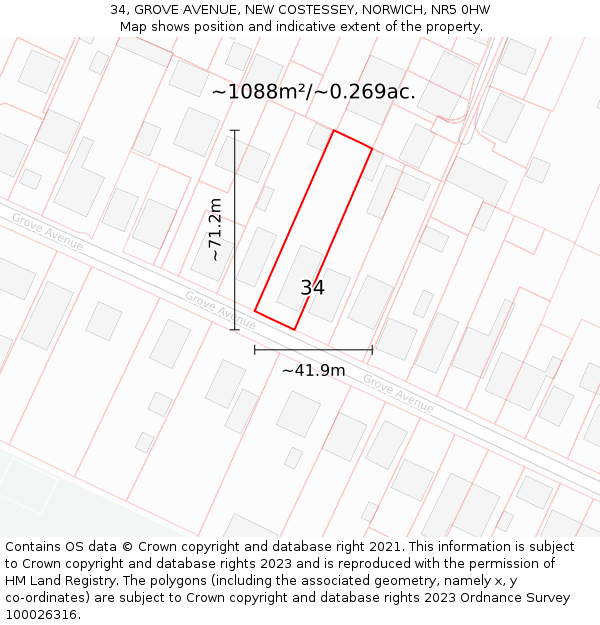 34, GROVE AVENUE, NEW COSTESSEY, NORWICH, NR5 0HW: Plot and title map