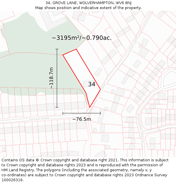 34, GROVE LANE, WOLVERHAMPTON, WV6 8NJ: Plot and title map