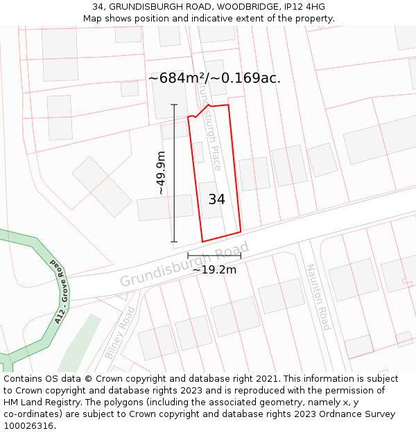 34, GRUNDISBURGH ROAD, WOODBRIDGE, IP12 4HG: Plot and title map