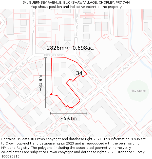34, GUERNSEY AVENUE, BUCKSHAW VILLAGE, CHORLEY, PR7 7AH: Plot and title map