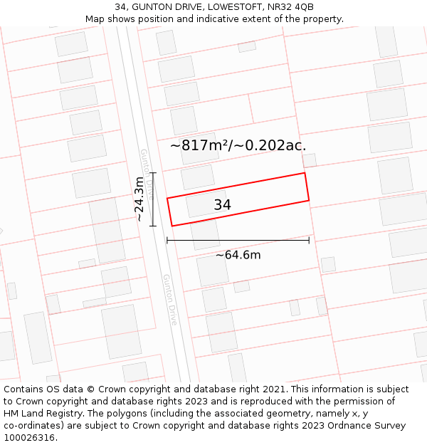 34, GUNTON DRIVE, LOWESTOFT, NR32 4QB: Plot and title map