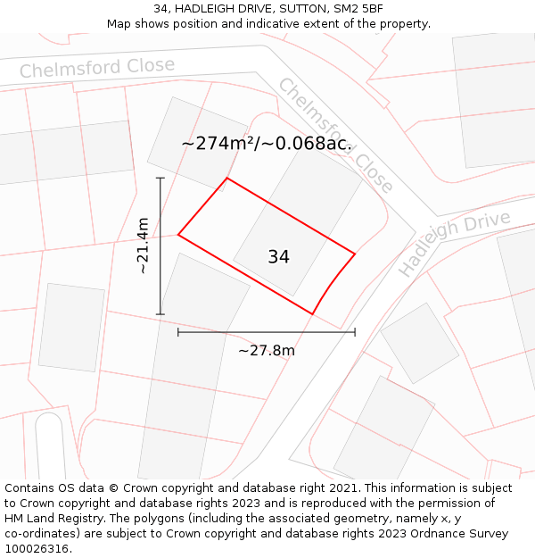 34, HADLEIGH DRIVE, SUTTON, SM2 5BF: Plot and title map