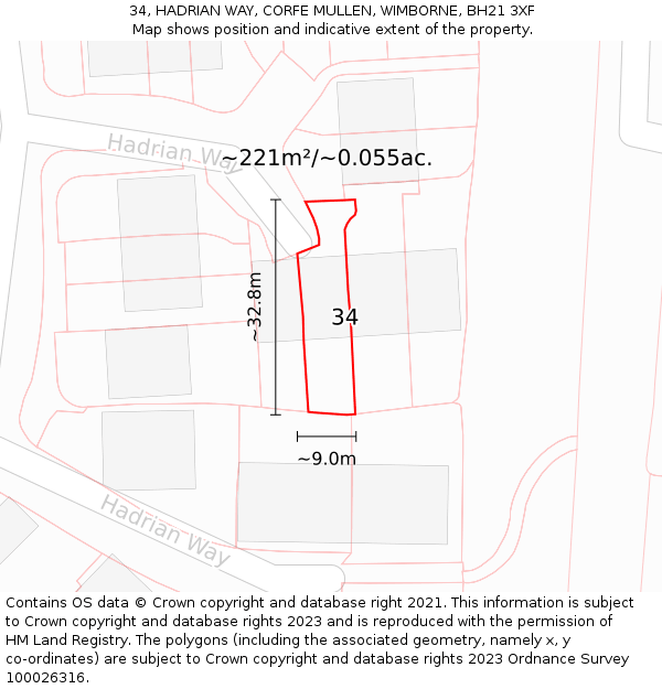 34, HADRIAN WAY, CORFE MULLEN, WIMBORNE, BH21 3XF: Plot and title map