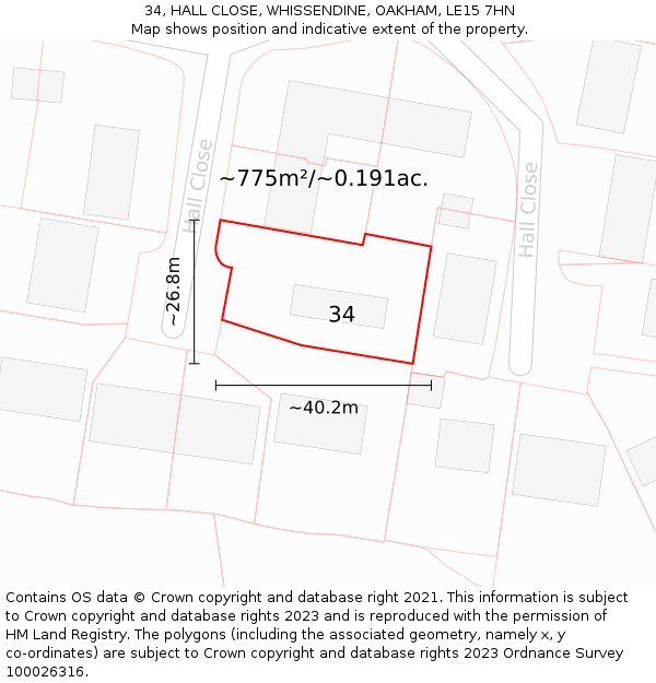 34, HALL CLOSE, WHISSENDINE, OAKHAM, LE15 7HN: Plot and title map