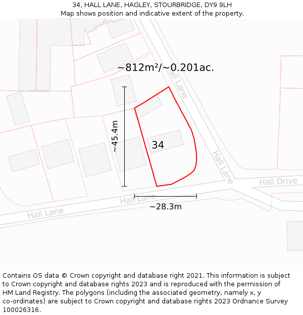 34, HALL LANE, HAGLEY, STOURBRIDGE, DY9 9LH: Plot and title map