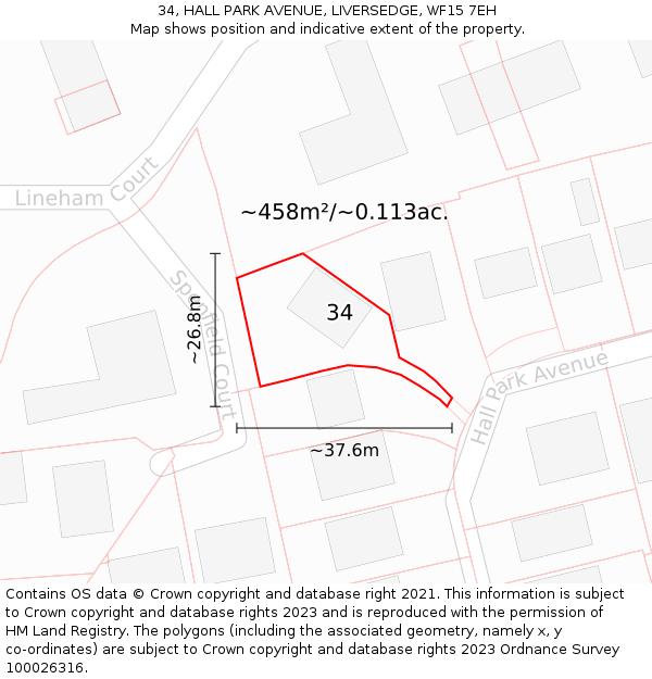 34, HALL PARK AVENUE, LIVERSEDGE, WF15 7EH: Plot and title map