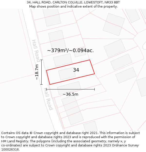34, HALL ROAD, CARLTON COLVILLE, LOWESTOFT, NR33 8BT: Plot and title map