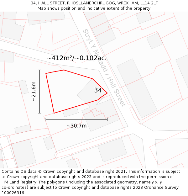 34, HALL STREET, RHOSLLANERCHRUGOG, WREXHAM, LL14 2LF: Plot and title map