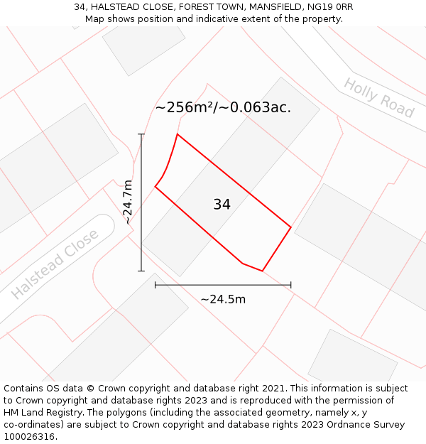 34, HALSTEAD CLOSE, FOREST TOWN, MANSFIELD, NG19 0RR: Plot and title map