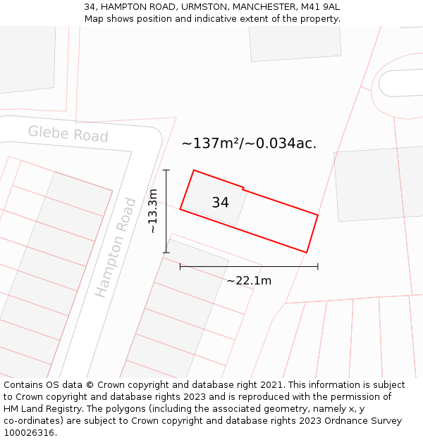 34, HAMPTON ROAD, URMSTON, MANCHESTER, M41 9AL: Plot and title map
