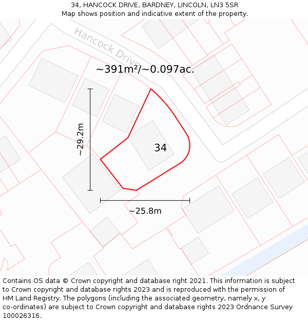 34, HANCOCK DRIVE, BARDNEY, LINCOLN, LN3 5SR: Plot and title map