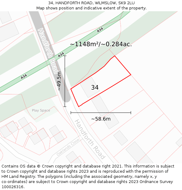 34, HANDFORTH ROAD, WILMSLOW, SK9 2LU: Plot and title map