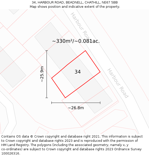 34, HARBOUR ROAD, BEADNELL, CHATHILL, NE67 5BB: Plot and title map