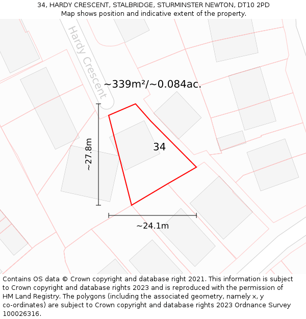 34, HARDY CRESCENT, STALBRIDGE, STURMINSTER NEWTON, DT10 2PD: Plot and title map