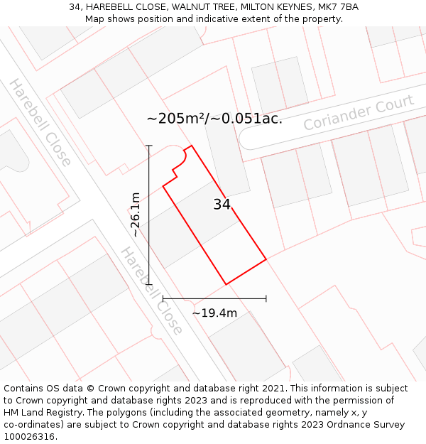 34, HAREBELL CLOSE, WALNUT TREE, MILTON KEYNES, MK7 7BA: Plot and title map