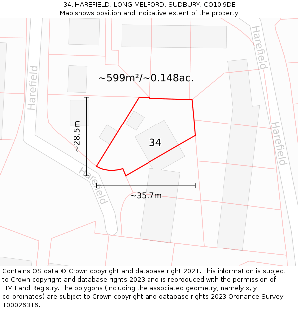 34, HAREFIELD, LONG MELFORD, SUDBURY, CO10 9DE: Plot and title map