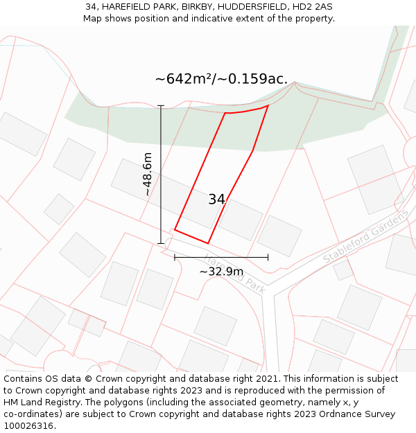 34, HAREFIELD PARK, BIRKBY, HUDDERSFIELD, HD2 2AS: Plot and title map