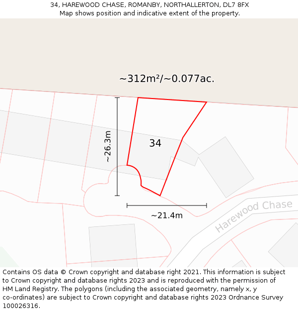 34, HAREWOOD CHASE, ROMANBY, NORTHALLERTON, DL7 8FX: Plot and title map