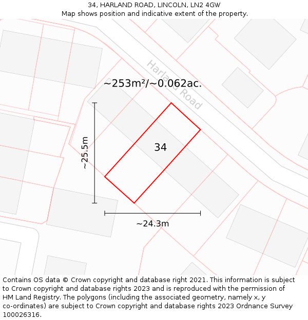 34, HARLAND ROAD, LINCOLN, LN2 4GW: Plot and title map