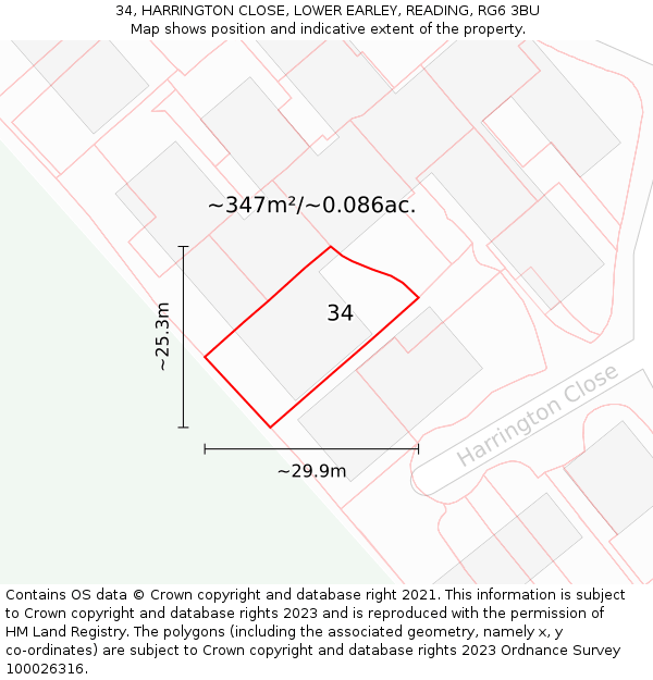 34, HARRINGTON CLOSE, LOWER EARLEY, READING, RG6 3BU: Plot and title map