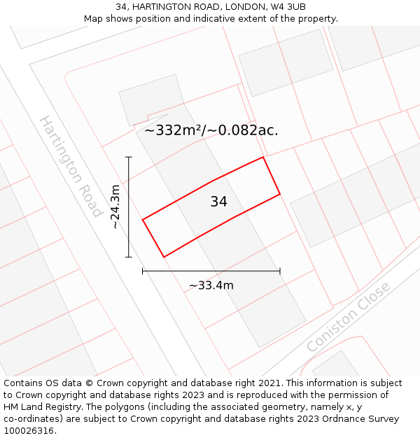 34, HARTINGTON ROAD, LONDON, W4 3UB: Plot and title map