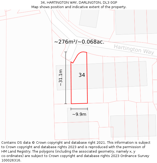 34, HARTINGTON WAY, DARLINGTON, DL3 0GP: Plot and title map