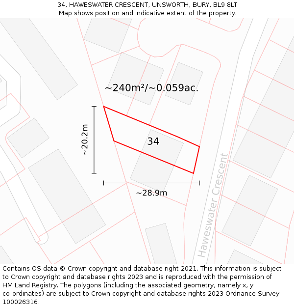 34, HAWESWATER CRESCENT, UNSWORTH, BURY, BL9 8LT: Plot and title map