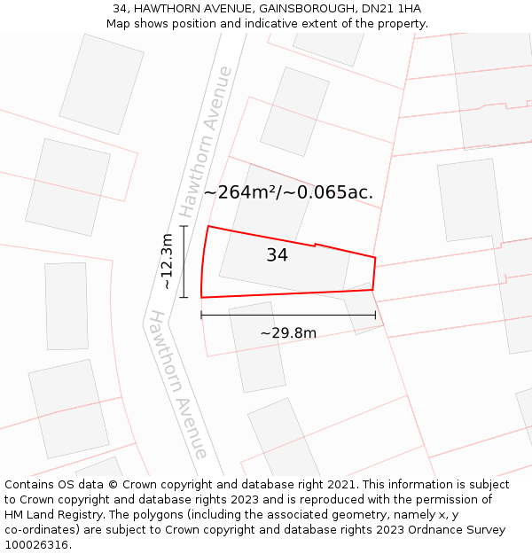 34, HAWTHORN AVENUE, GAINSBOROUGH, DN21 1HA: Plot and title map