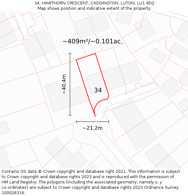34, HAWTHORN CRESCENT, CADDINGTON, LUTON, LU1 4EQ: Plot and title map