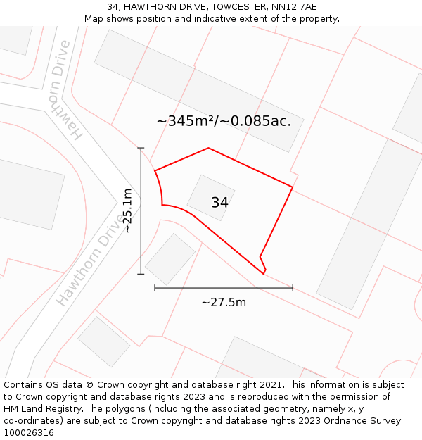 34, HAWTHORN DRIVE, TOWCESTER, NN12 7AE: Plot and title map