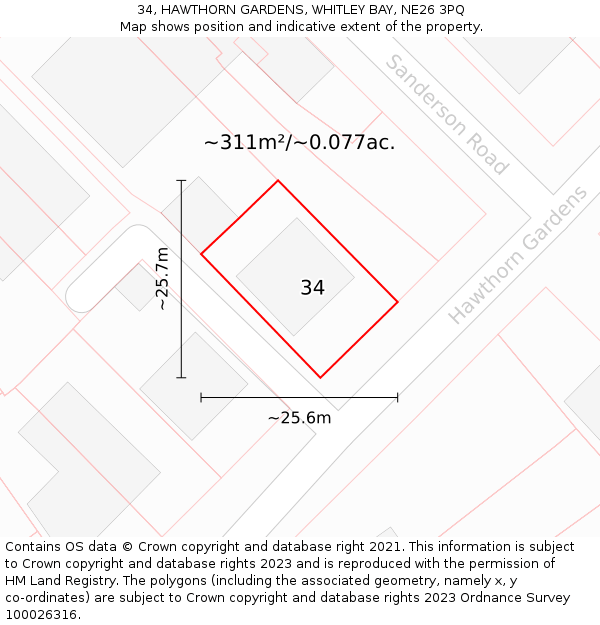 34, HAWTHORN GARDENS, WHITLEY BAY, NE26 3PQ: Plot and title map