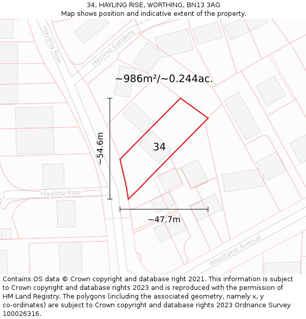 34, HAYLING RISE, WORTHING, BN13 3AG: Plot and title map