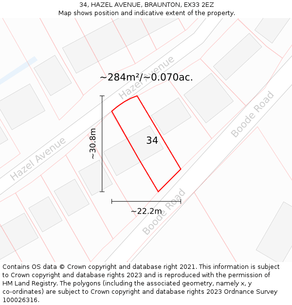 34, HAZEL AVENUE, BRAUNTON, EX33 2EZ: Plot and title map