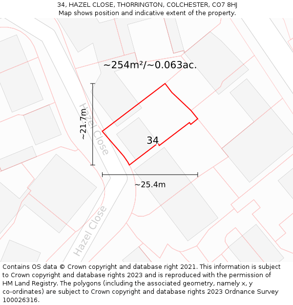 34, HAZEL CLOSE, THORRINGTON, COLCHESTER, CO7 8HJ: Plot and title map